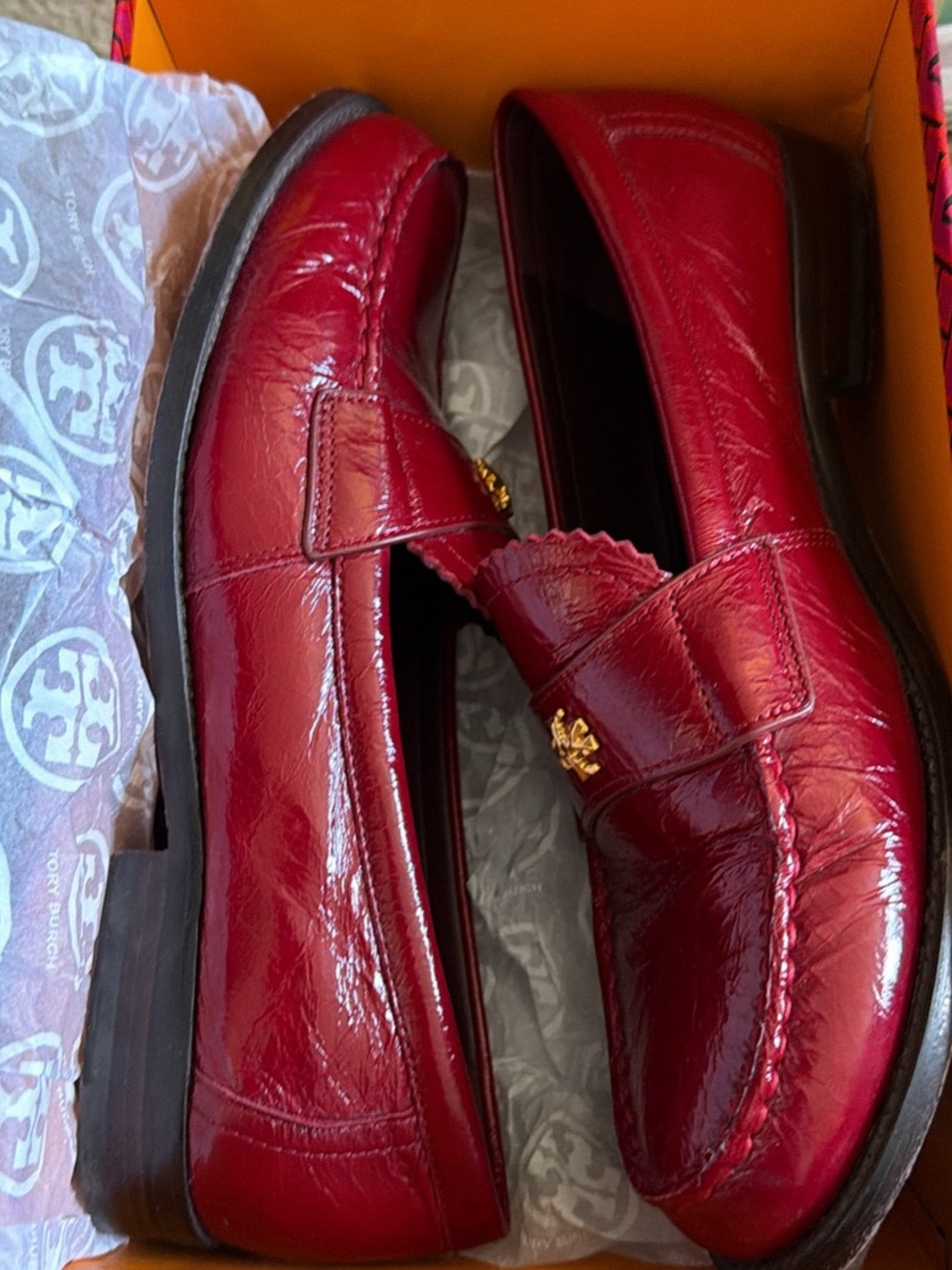 Tory Burch Patent Cherry Red Leather Loafers with Gold Logo